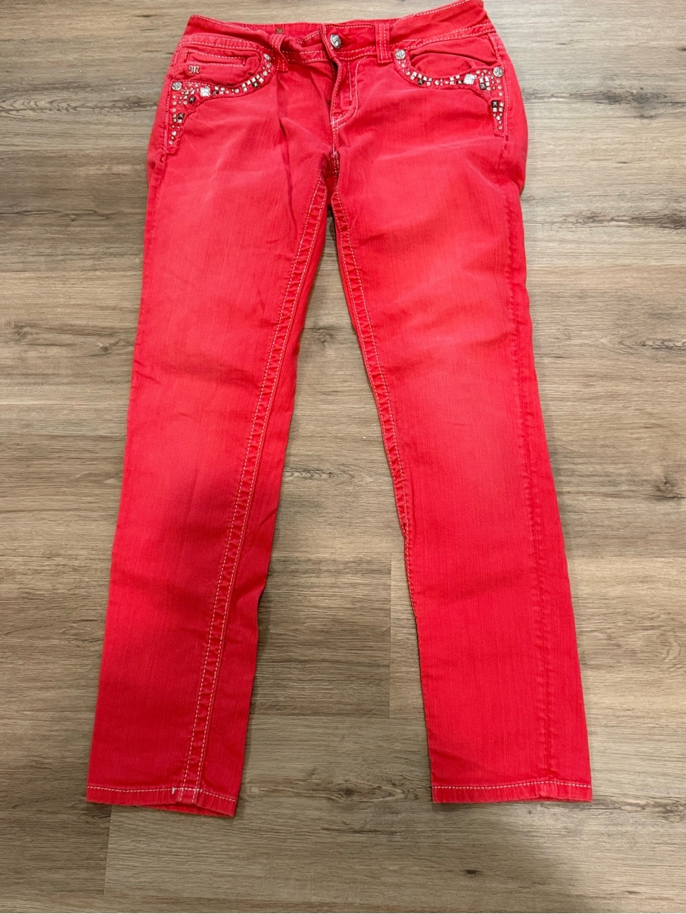 Miss Me Bright faded Red Skinny Jeans with Embellished Pockets